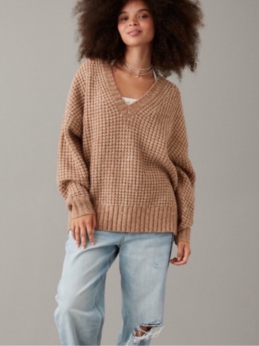 American Eagle Tan Brown Plush Waffle Knit Soft V Neck Sweater Small Oversized